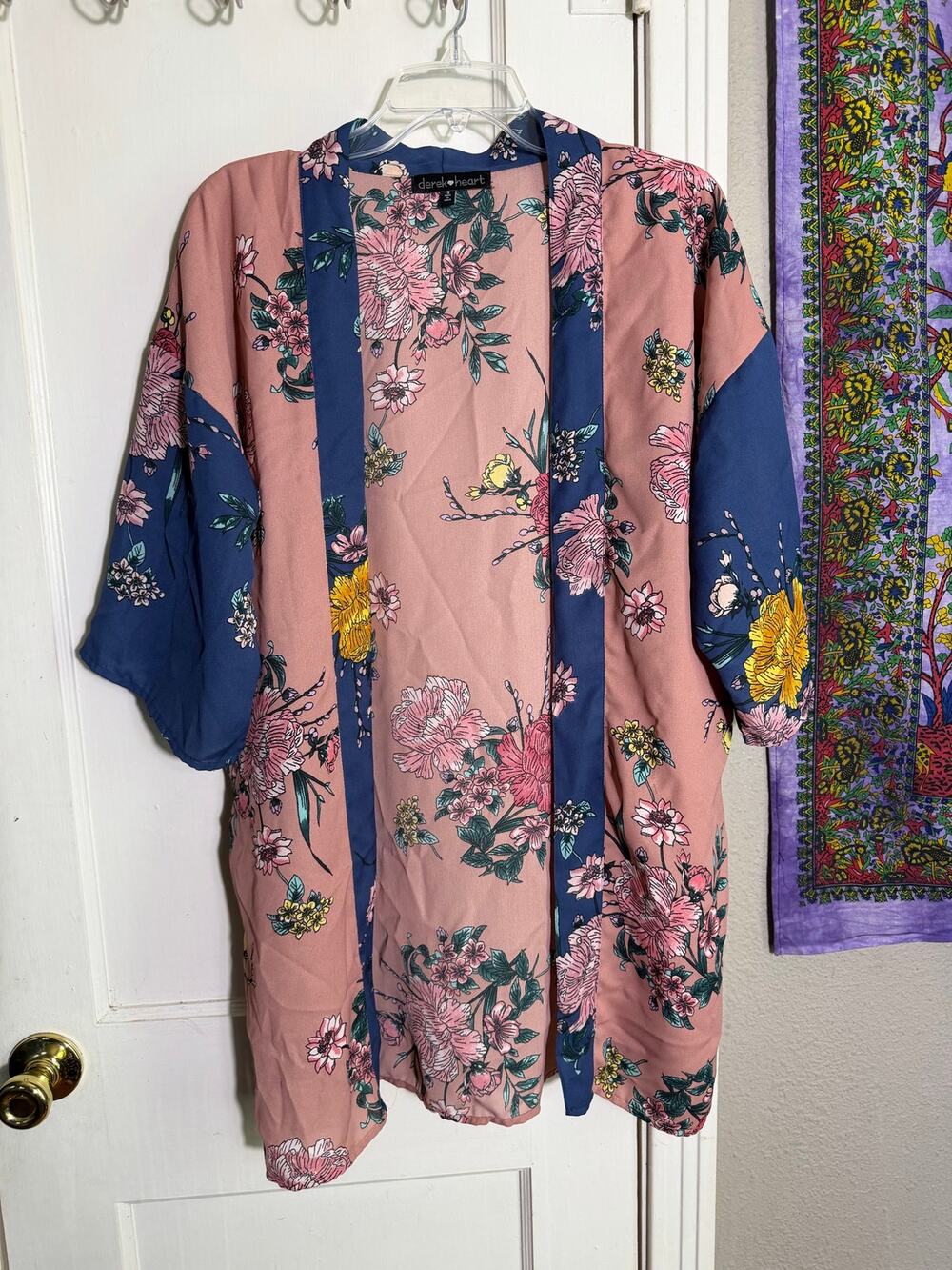 Derek Heart Floral Kimono Cardigan Pink Blue Open Front Boho Cover Up Size S